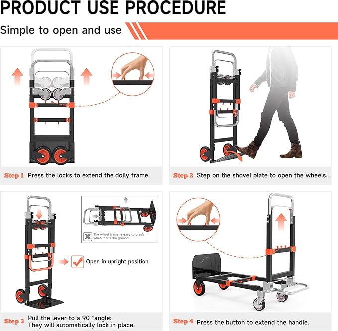 3-in-1 Heavy Duty Folding Hand Truck, 500LB Capacity Convertible Steel Dolly - Image 2