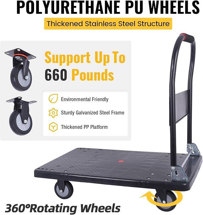 Hand Cart 660 lbs, Push Cart Dolly Black, Capacity Platform Truck Foldable - Image 3