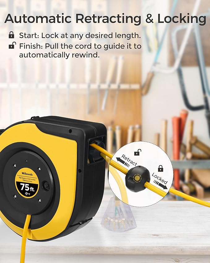 Retractable Cord Reel, 75 FT Heavy Duty Extension Cord, 14AWG/3C SJTOW - Image 2