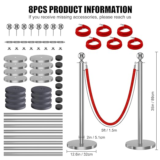kaiyomi 8Pcs Stanchions with Red Velvet Ropes Set, 5 Feet Velvet Ropes and - Image 2