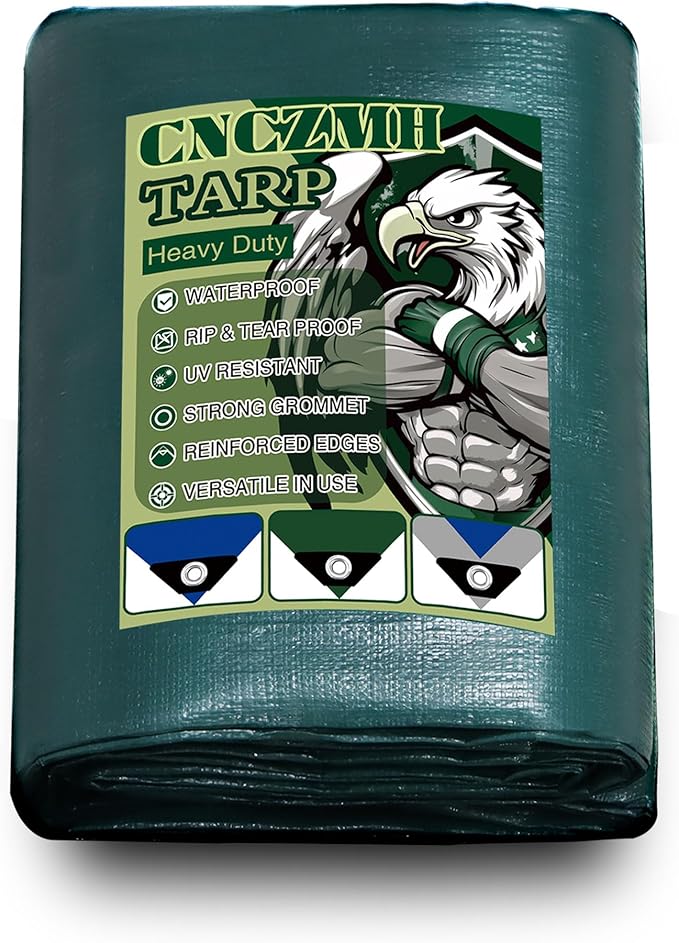 Heavy Duty Tarp Waterproof 12x12 Feet, 10 Mil Thick Green Poly Tarps Outdoor by CNCZMH