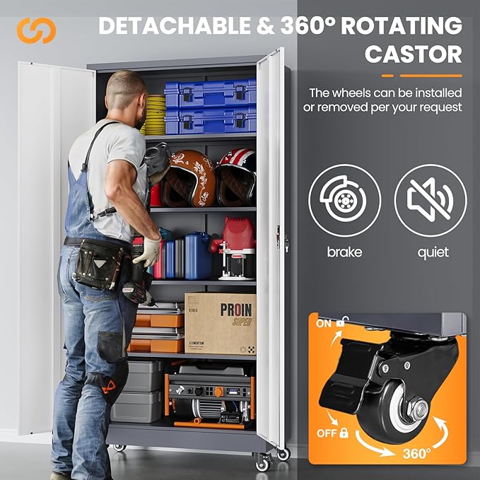 Garage Cabinet with Wheels and Adjustable Shelves, Metal Garage Storage - Image 5