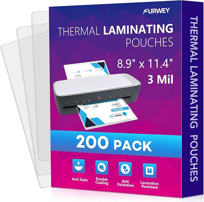200 Pack Laminating Sheets, 3 mil, 8.9" x 11.4" Thermal Laminating Pouches by FURWEY