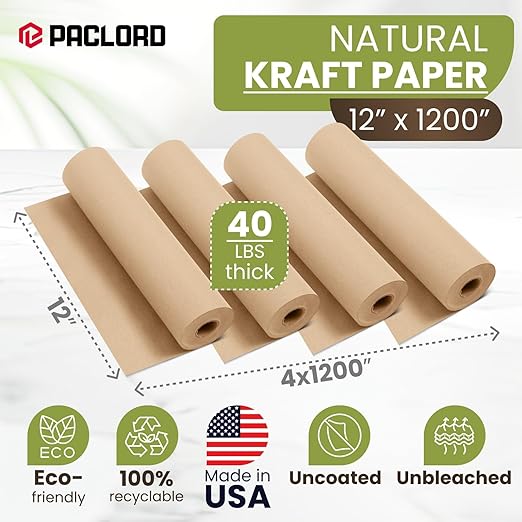 12" x 1200" Natural Kraft Paper Roll – Made in USA, 100% Recyclable Brown - Image 2