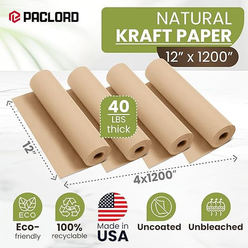 12" x 1200" Natural Kraft Paper Roll – Made in USA, 100% Recyclable Brown - Image 2