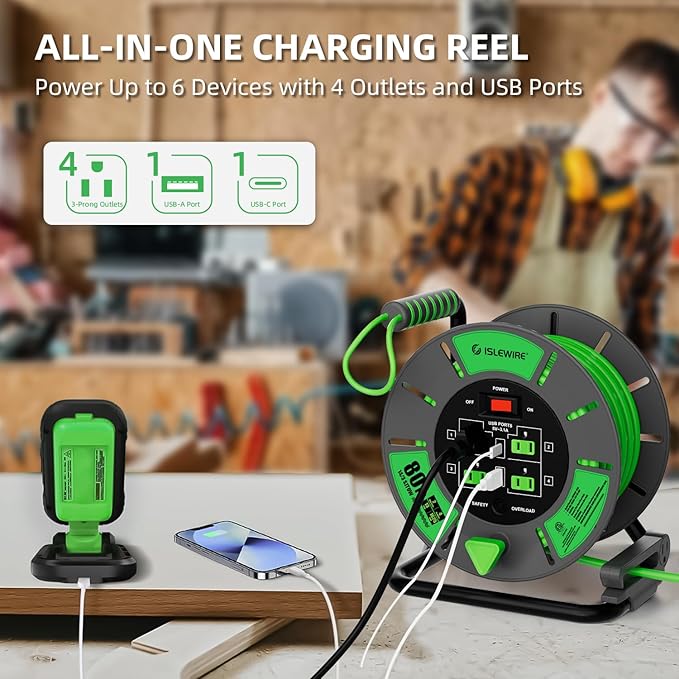Retractable Extension Cord Reel 80 FT, 14AWG SJTOW Heavy Duty Power Cord - Image 3