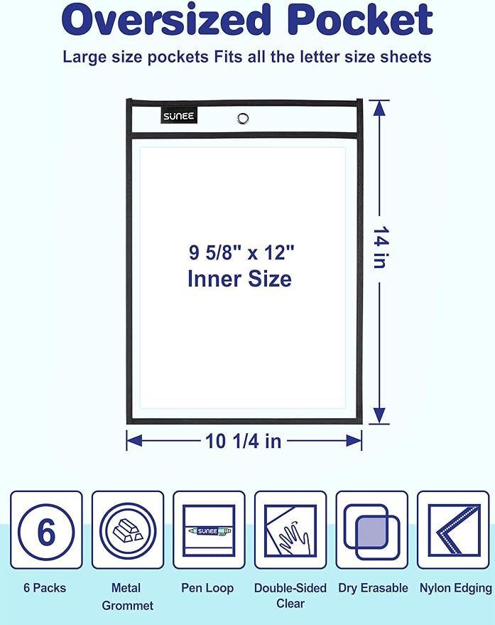 SUNEE 6 Packs Oversized Reusable Dry Erase Pocket Sleeves - Image 2