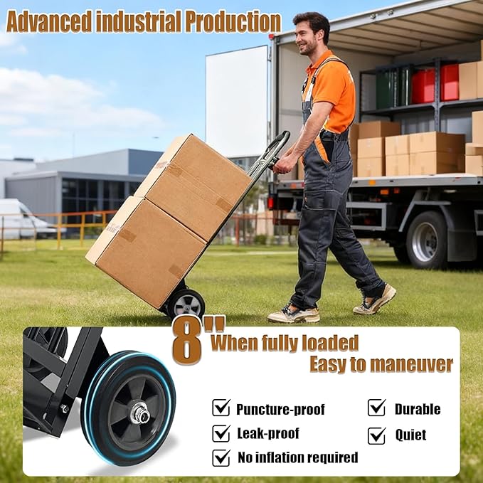 800 LB Dolly Cart with 8" Solid Rubber Wheels, Heavy Duty Folding Hand Truck - Image 3