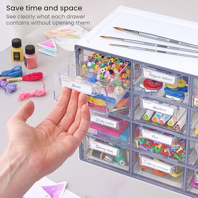 Arteza 12 Drawer Organizer and Storage Cabinet – Clear Plastic, Stackable - Image 6