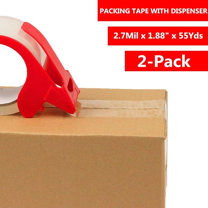 2-Pack Clear Packing Tape with Dispenser-2.7mil x 1.88" x 55Y Heavy Duty - Image 2