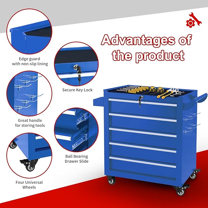 5-Drawer Tool Chest with Wheels & Drawers, Toolbox Organizer Storage - Image 3