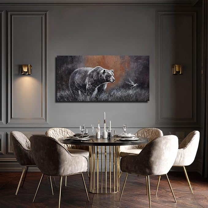 ZHENGYIN Grizzly Bear & Bird Canvas Wall Art, Warm Earth Tone Glow, Rustic - Image 4