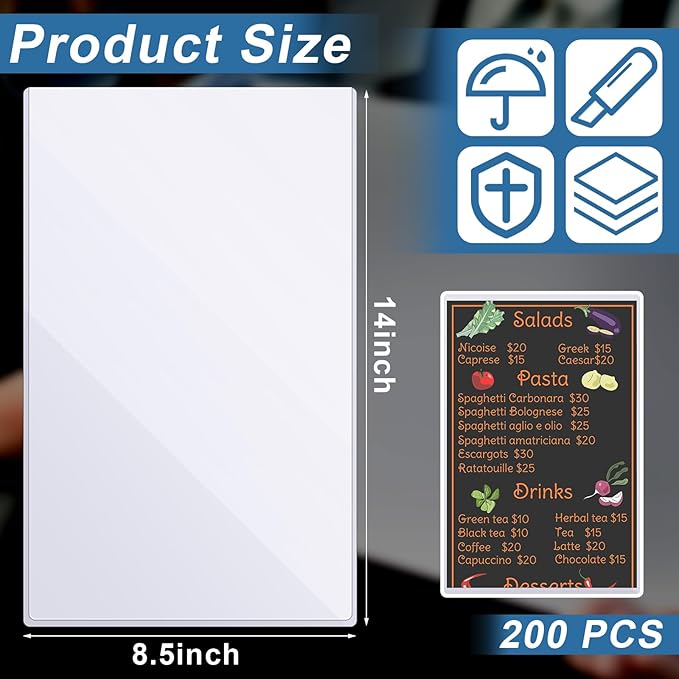 Henoyso 200 Pcs 8.5" x 14" Menu Cover Rigid Print Protectors Clear Heavy Duty - Image 3