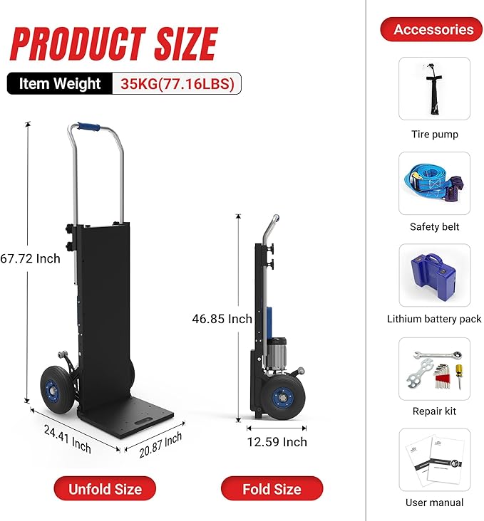 ZW4250 Electric Dolly Stair Climbing Cart, 1500W Powered Stair Climber Hand - Image 8