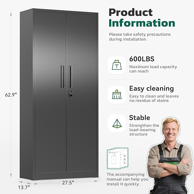 Greenvelly 63" H Metal Storage Cabinet Black, Locking Metal Cabinet, Store Tools - Image 2
