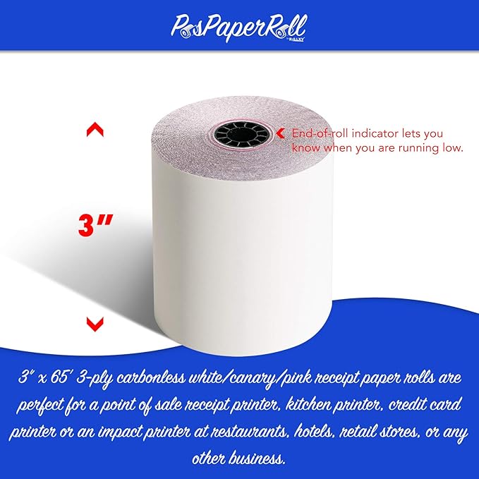 3" x 65' 3 PLY WHITE/CANARY/PINK CASH REGISTER PRINTER POS PAPER ROLL 50 - Image 3