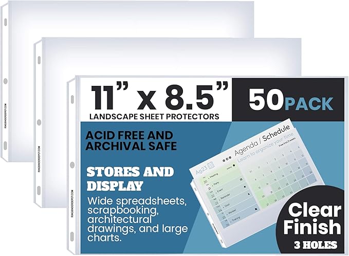 Performore 50 Sheet Protectors, Landscape Clear Sheet Protectors 8.5 X 11 Inch by RingBinder