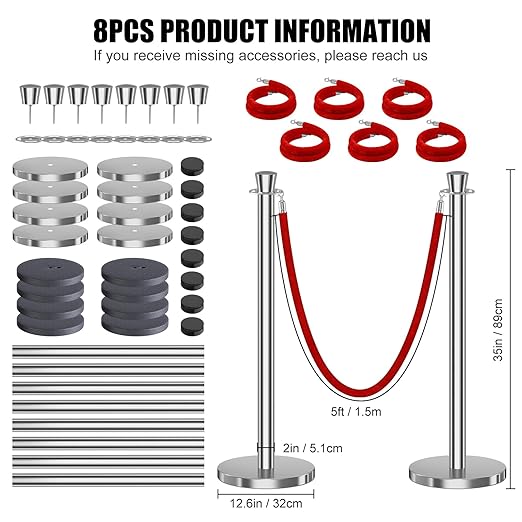 kaiyomi 8Pcs Stanchions with Red Velvet Ropes Set, 5 Feet Velvet Ropes and - Image 2