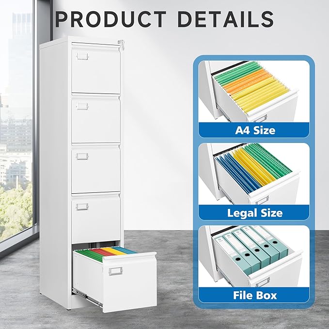 5 Drawer File Cabinet with Lock Metal Vertical File Cabinet Office Home - Image 5