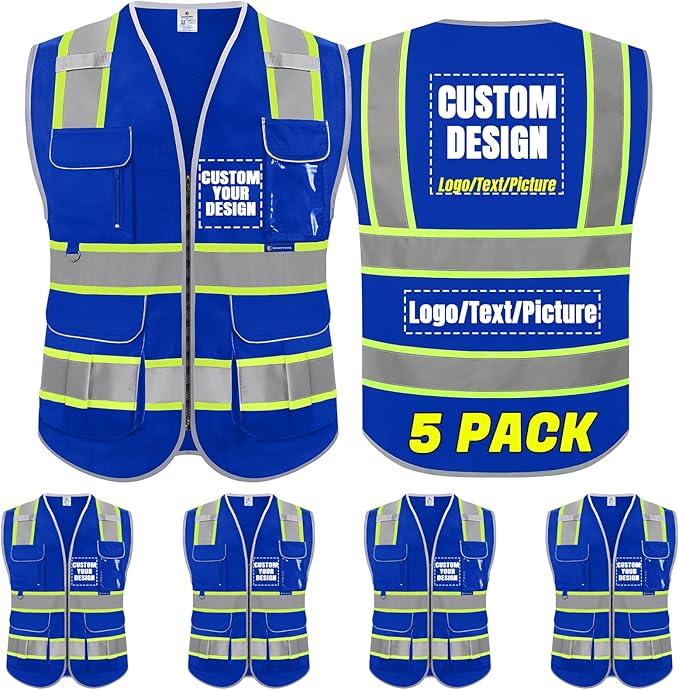 BeautyWill 5Pack Custom Logo Safety Vest 8 Pockets Class2 ANSI Certified High by BeautyWill