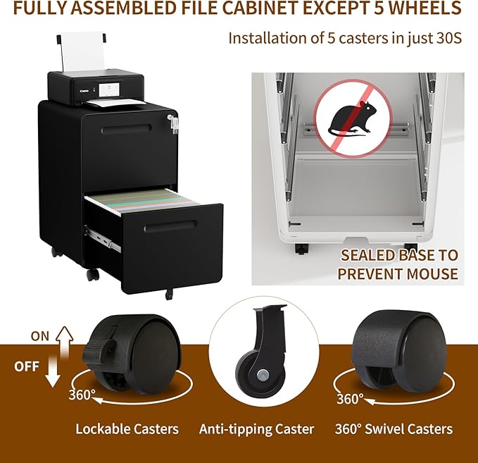 2 Drawer File Cabinet with Lock and 4 Keys, Mobile Metal Filing Cabinet - Image 7
