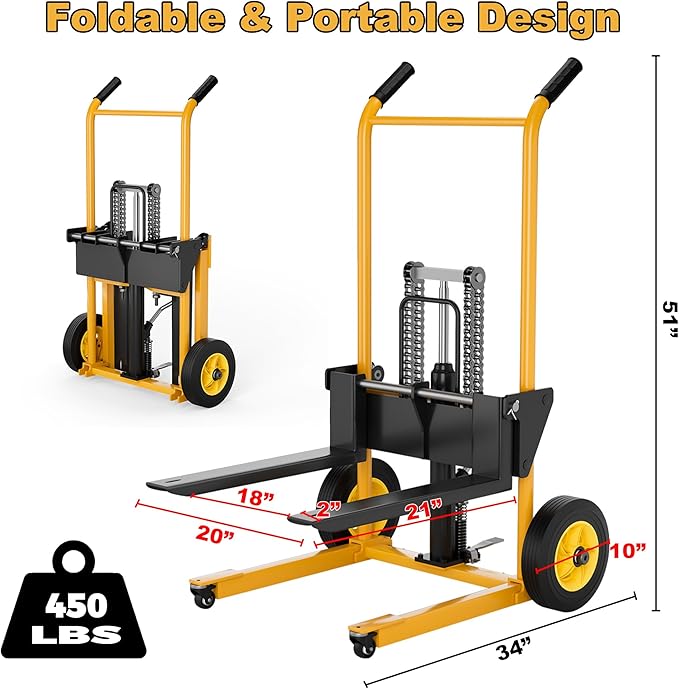 Foldable Hydraulic Lift Dolly, 450LBS 36" Pallet Stacker, 2-in-1 Hand Truck & - Image 3