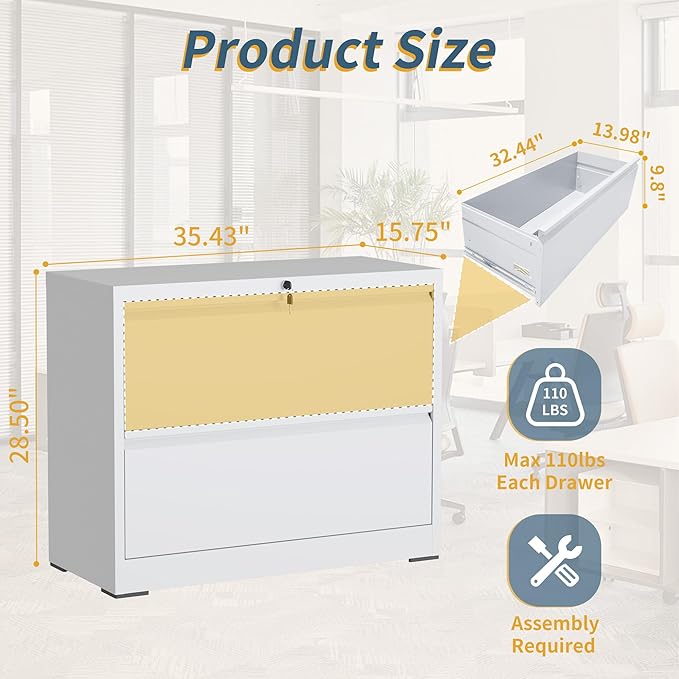 2 Drawer File Cabinet with Lock, Lateral Filing Cabinets, Metal Storage Filing - Image 3