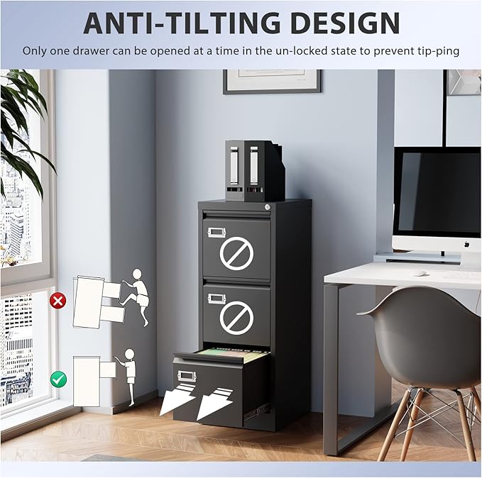 3-Drawer File Cabinet, Locking Metal Vertical File Storage - Image 4