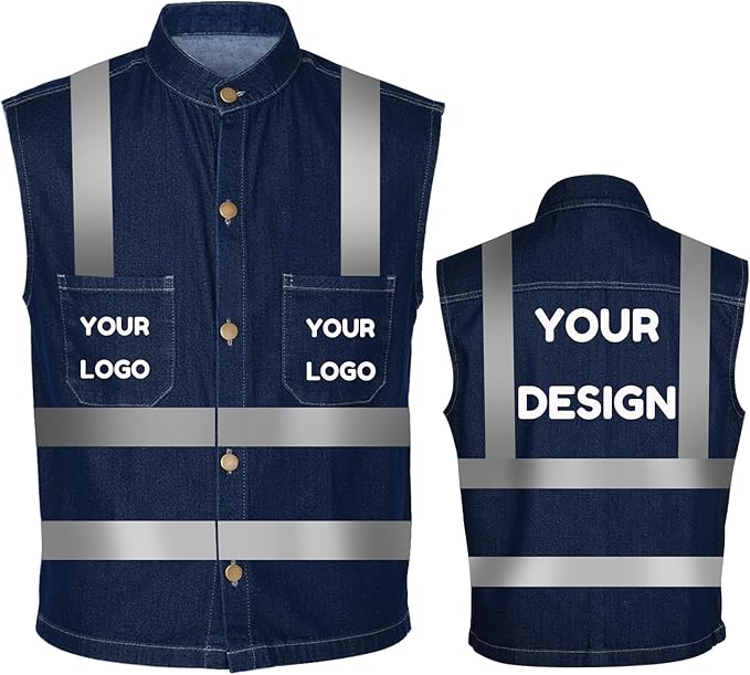 YOWESHOP Men's Reflective Safety Denim Vest，Custom Safety Outdoor Denim Work by YOWESHOP