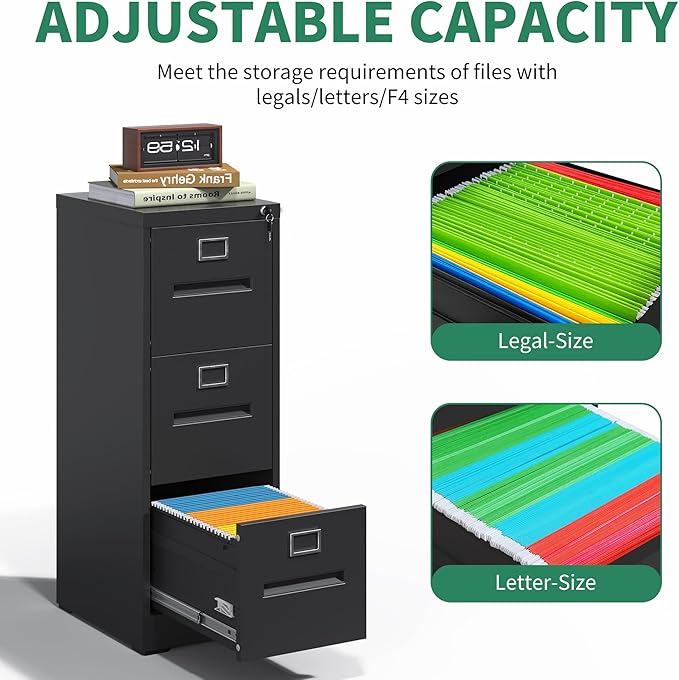 Black Metal File Cabinet with 3 Drawer, Vertical File Cabinet with Lock - Image 4
