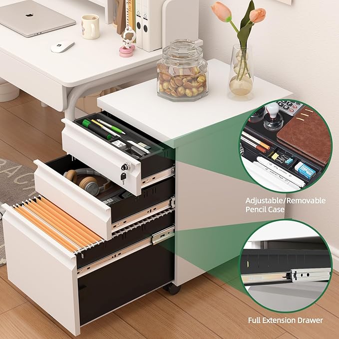 3 Drawer File Cabinet on Wheels, 25.6" H White Filing Cabinet - Image 7