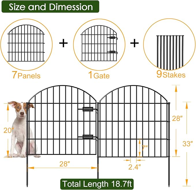 Metal Garden Fence with Gate 28in x 18.7ft, 1 Gate + 7 Panels Dog Fence Border - Image 4