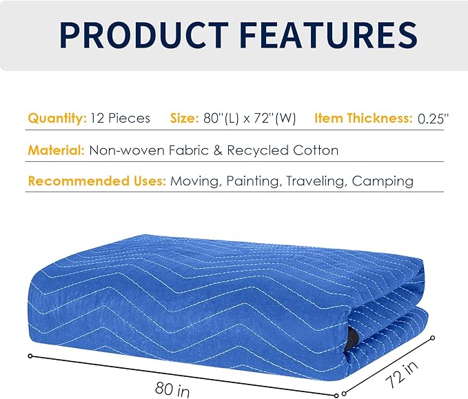 Moving Blankets 12 Packs, Extra Large 80"x72" Furniture Moving Pads, Reusable - Image 6