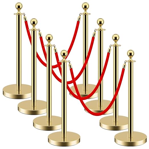 LOVMOR 8 PCS Stainless Steel Stanchion Post Queue 5 ft Red Velvet Rope Red by LOVMOR