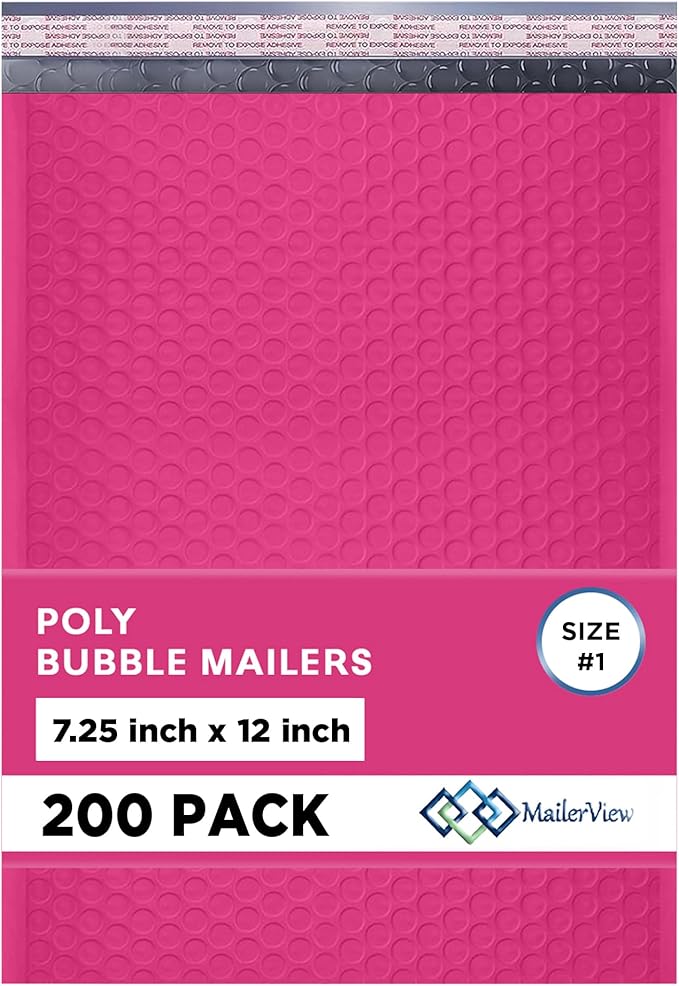 Hot Pink Poly Bubble Mailers 7.25x12 inch #1 | Self Seal Padded Envelopes | by MAILERVIEW