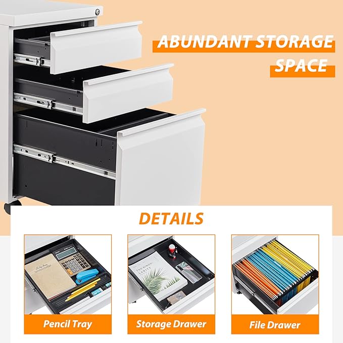 3 Drawer File Cabinet with Wheels, Metal Filing Cabinet with Lock, Office - Image 5