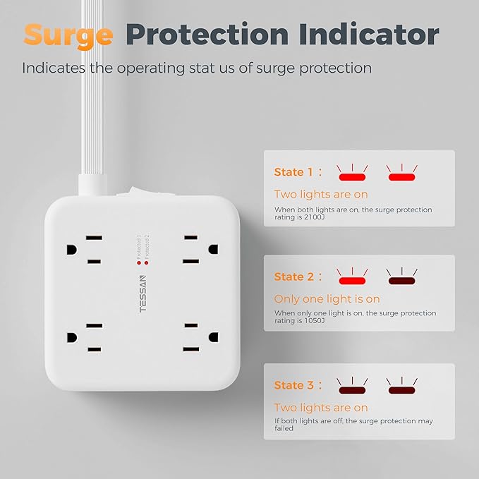 TESSAN 10 Ft Surge Protector Power Strip, 4 USB 8 Outlets, Flat Plug Extension - Image 4