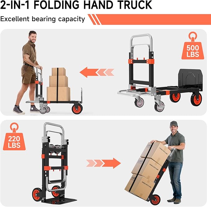 3-in-1 Heavy Duty Folding Hand Truck, 500LB Capacity Convertible Steel Dolly - Image 3