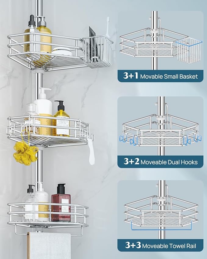 SEIRIONE Corner Shower Caddy Tension Pole, Quick Setup, Rust-Free Bathroom - Image 6