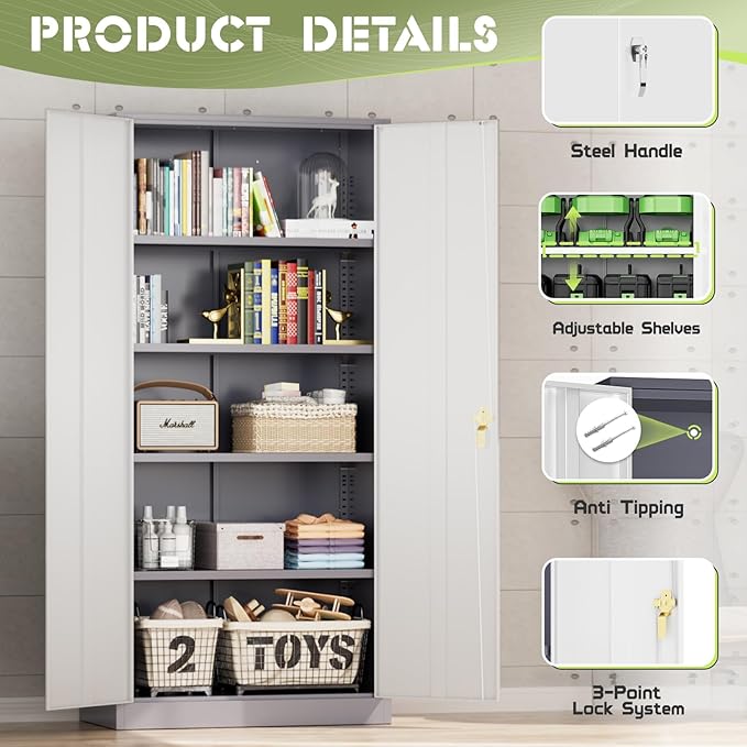 Crownland 72" Metal Storage Cabinet, Lockable Garage Cabinets, High Office - Image 3