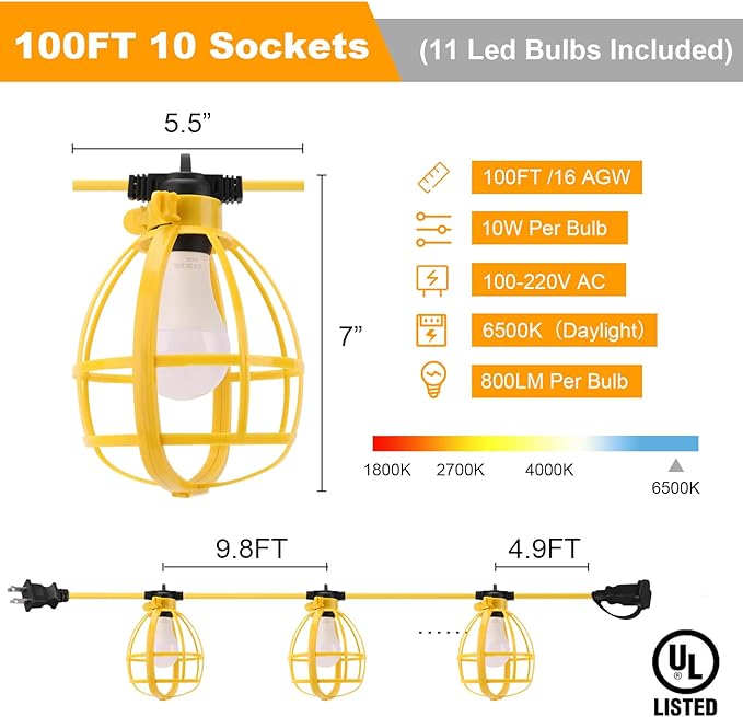 100FT Construction String Lights, 100W 11 Bulbs Work Lights - Image 2