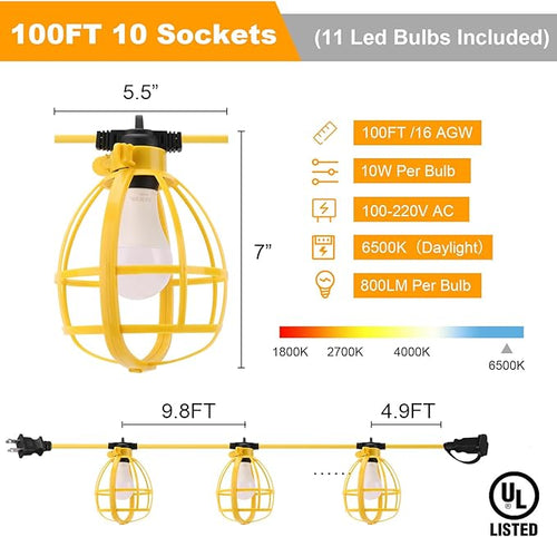 100FT Construction String Lights, 100W 11 Bulbs Work Lights - Image 2
