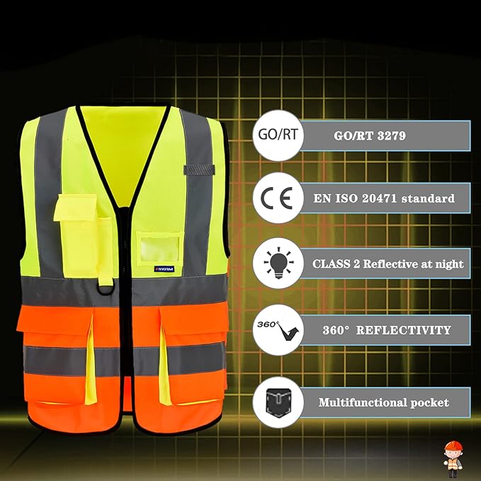 A-SAFETY Industrial Safety Vest, Hi Vis 9 Pockets High Visibility Zipper Front - Image 6