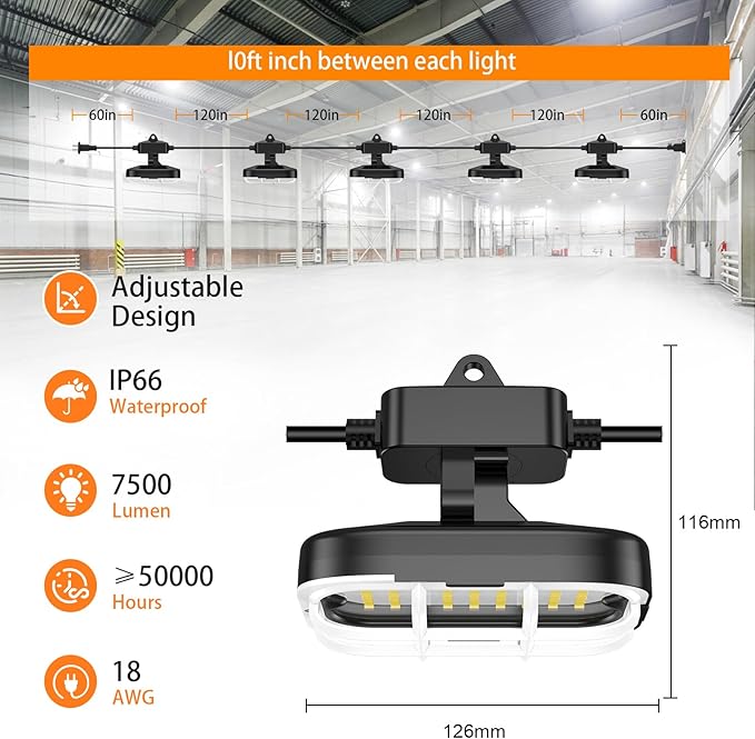 50ft LED Construction String Lights, Super Bright 7500lm 75w Adjuest 90&180 - Image 2