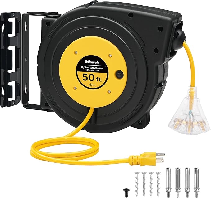 Retractable Extension Cord Reel, 50 FT Heavy Duty Power Cord, 14AWG/3C SJTOW by Wilawels