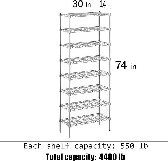 14" Deep x 30" Wide x 74" Height Wire Shelving Kit | 8-Tier | NSF Commercial - Image 3