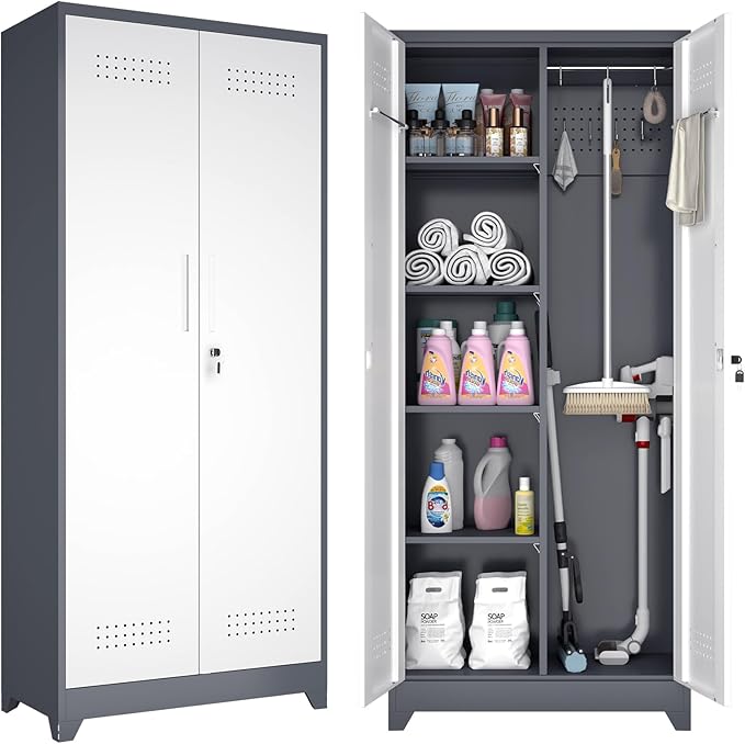 GREATMEET 72.8" H Metal Garage Storage Cabinets, Lockable Broom Closet Storage by GREATMEET