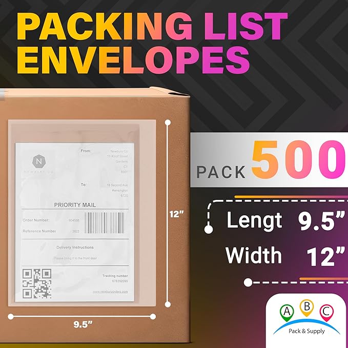ABC Packing List Envelopes, 9.5 x 12 Inch. 500 Pack 2 Mil Polyethylene Clear - Image 2