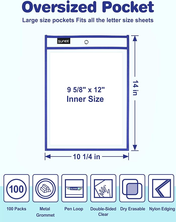 SUNEE 100 Packs Oversized Reusable Dry Erase Pocket Sleeves - Image 2