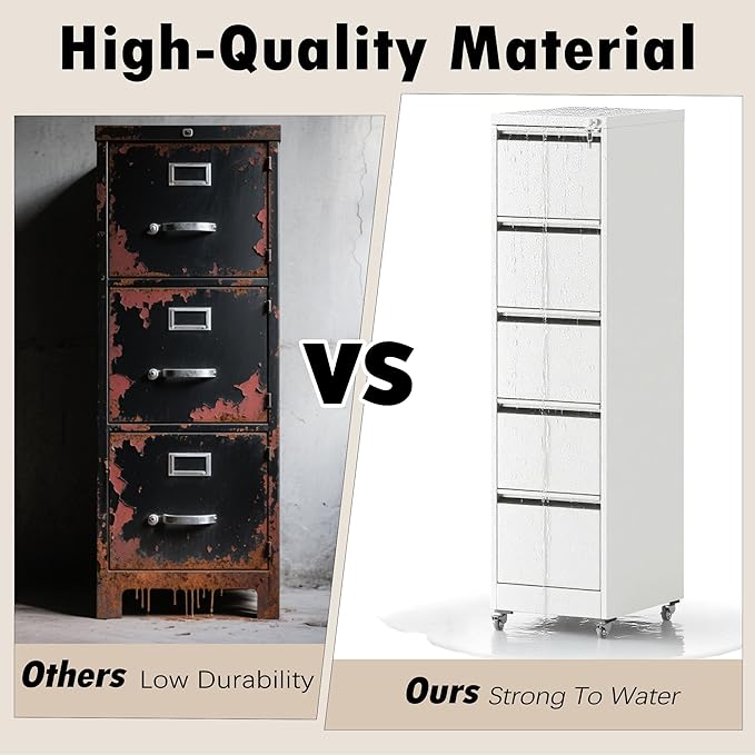 5 Drawers Filing Cabient with Wheel, File Cabinet with Lock, Steel Vertical - Image 6